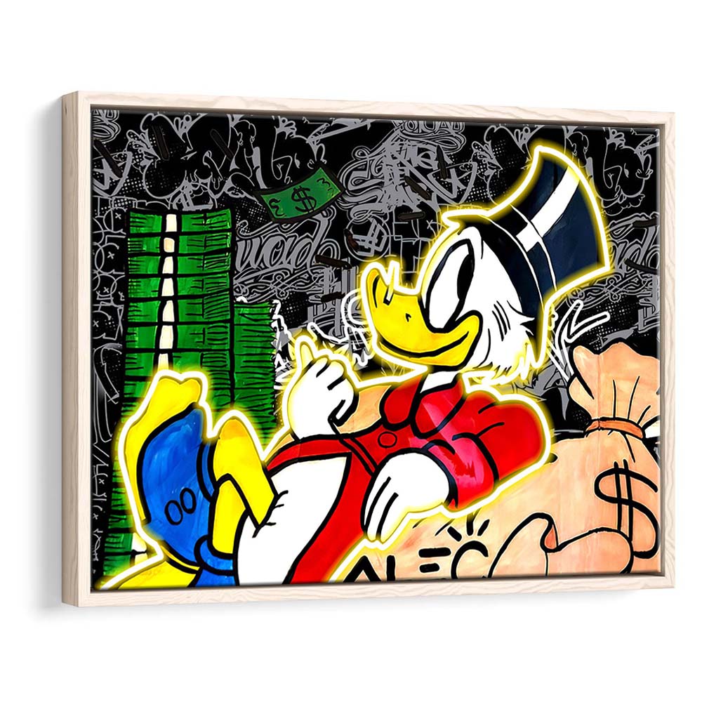 Scrooge Mcduck Sleeping On Money Art Print, Framed Canvas Print Wall Art Decor, Floating Frame, Neon Effect Art