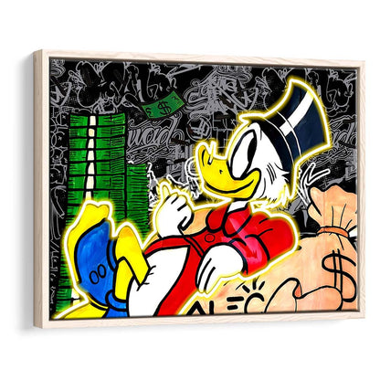 Scrooge Mcduck Sleeping On Money Art Print, Framed Canvas Print Wall Art Decor, Floating Frame, Neon Effect Art