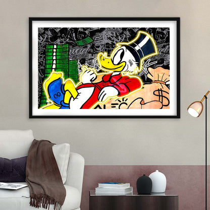 Scrooge Mcduck Sleeping On Money Art Print, Framed Art Print Wall Decor, White Border, Framed Picture