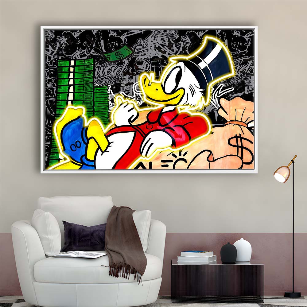 Scrooge Mcduck Sleeping On Money Art Print, Framed Canvas Print Wall Art Decor, Floating Frame, Neon Effect Art