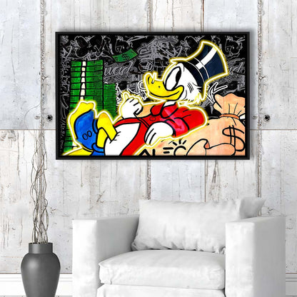 Scrooge Mcduck Sleeping On Money Art Print, Framed Canvas Print Wall Art Decor, Floating Frame, Neon Effect Art