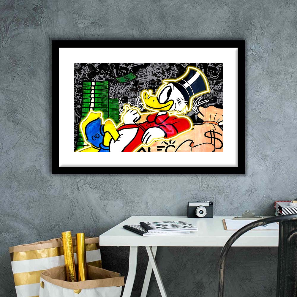Scrooge Mcduck Sleeping On Money Art Print, Framed Art Print Wall Decor, White Border, Framed Picture