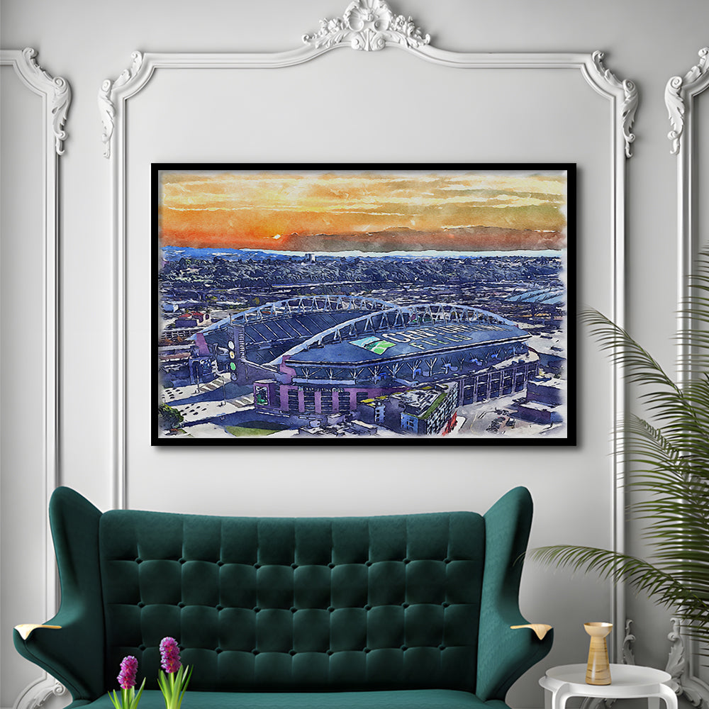 Seahawks Football Stadium, Lumen Field Watercolor, Sport Gift Art, Framed Art Print Wall Decor