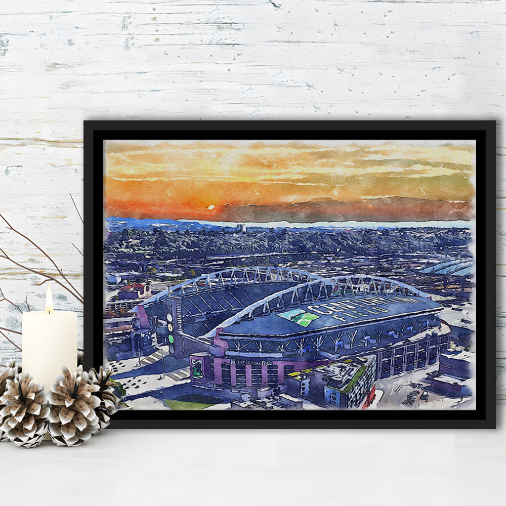 Seahawks Football Stadium, Lumen Field Watercolor, Sport Gift Art, Framed Canvas Print Wall Art