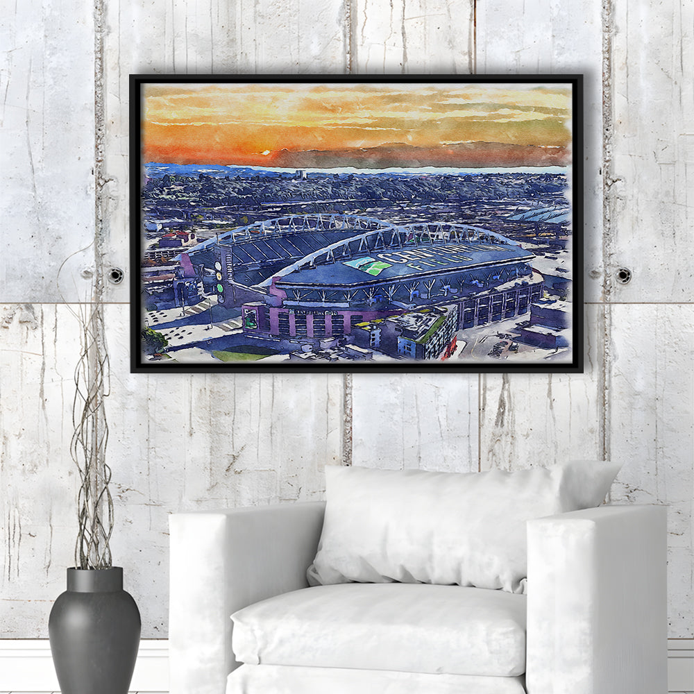 Seahawks Football Stadium, Lumen Field Watercolor, Sport Gift Art, Framed Canvas Print Wall Art