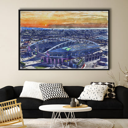 Seahawks Football Stadium, Lumen Field Watercolor, Sport Gift Art, Framed Canvas Print Wall Art
