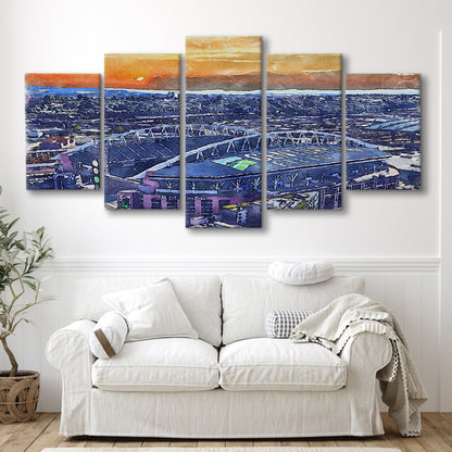 Seahawks Football Stadium, Lumen Field Watercolor, Sport Art, Mixed 5 Panel, Canvas Print Wall Art