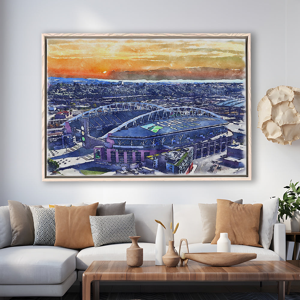 Seahawks Football Stadium, Lumen Field Watercolor, Sport Gift Art, Framed Canvas Print Wall Art