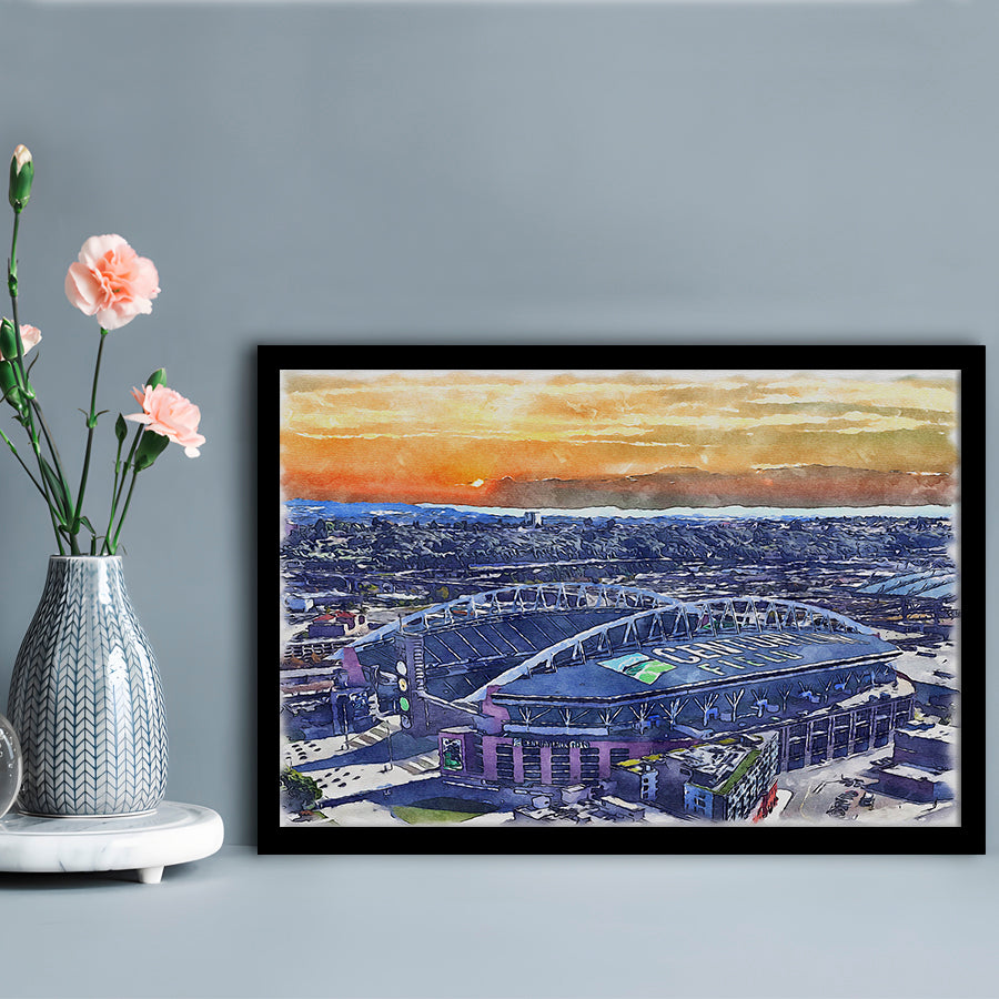Seahawks Football Stadium, Lumen Field Watercolor, Sport Gift Art, Framed Art Print Wall Decor