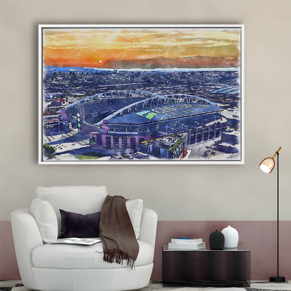 Seahawks Football Stadium, Lumen Field Watercolor, Sport Gift Art, Framed Canvas Print Wall Art