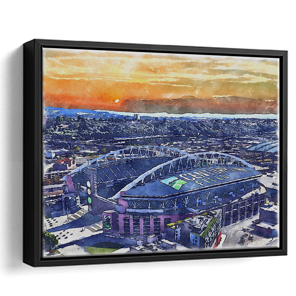 Seahawks Football Stadium, Lumen Field Watercolor, Sport Gift Art, Framed Canvas Print Wall Art