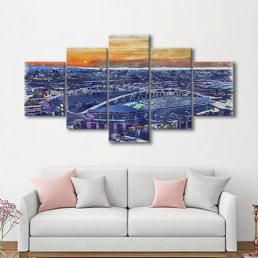 Seahawks Football Stadium, Lumen Field Watercolor, Sport Art, Mixed 5 Panel, Canvas Print Wall Art