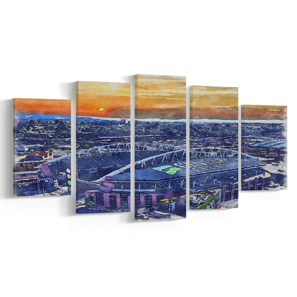 Seahawks Football Stadium, Lumen Field Watercolor, Sport Art, Mixed 5 Panel, Canvas Print Wall Art