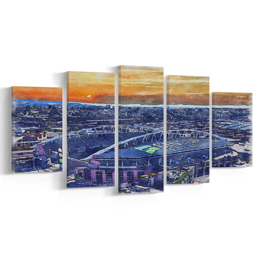 Seahawks Football Stadium, Lumen Field Watercolor, Sport Art, Mixed 5 Panel, Canvas Print Wall Art