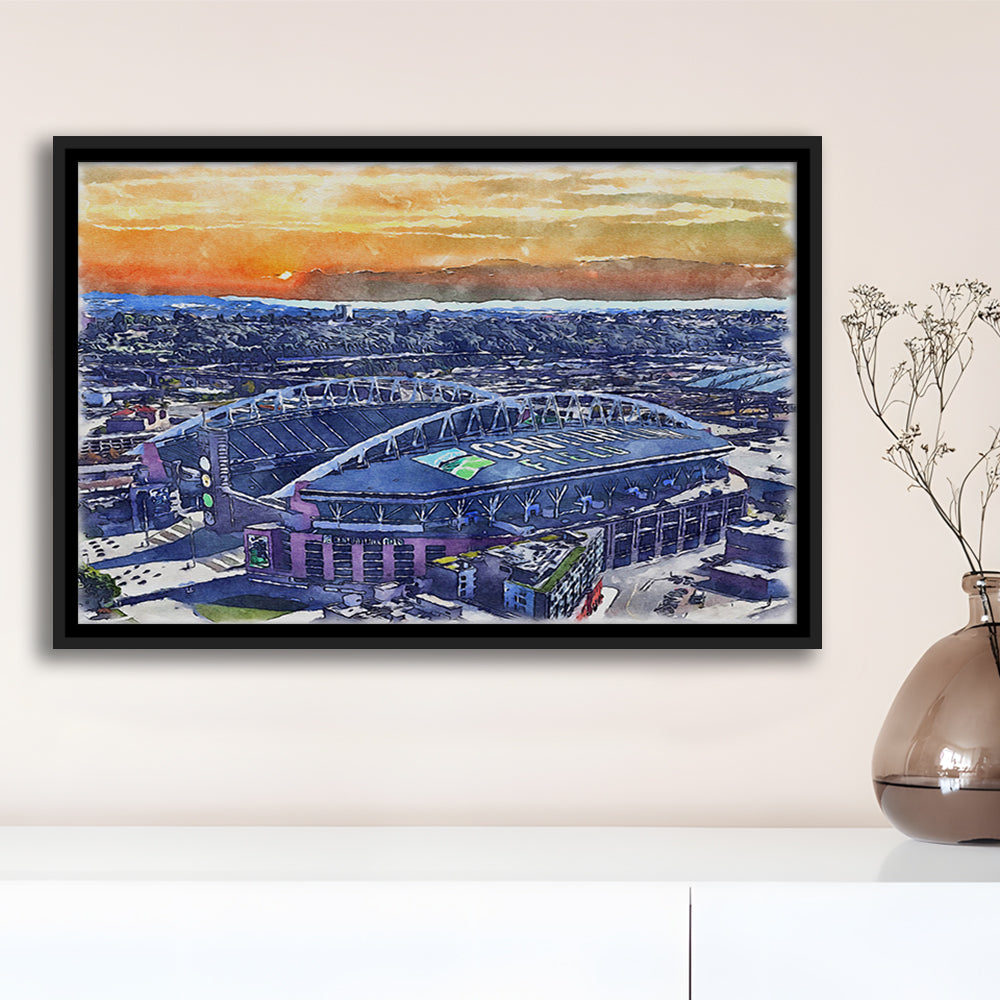 Seahawks Football Stadium, Lumen Field Watercolor, Sport Gift Art, Framed Canvas Print Wall Art