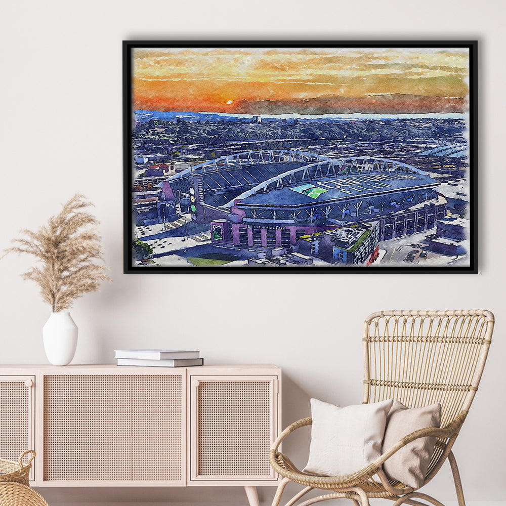 Seahawks Football Stadium, Lumen Field Watercolor, Sport Gift Art, Framed Canvas Print Wall Art
