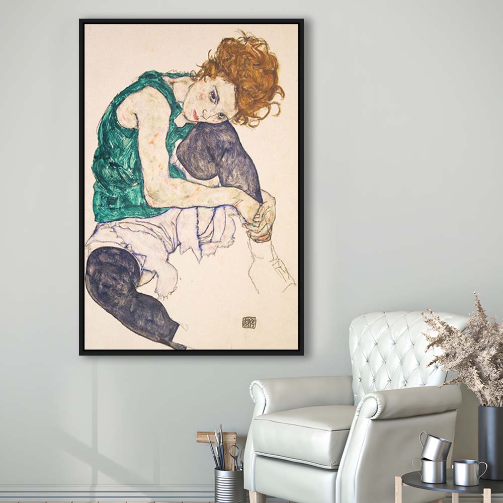Seated Woman With Legs Drawn Up (1917) By Egon Schiele Print, Egon Schiele Exhibition Wall Art, Framed Canvas Print