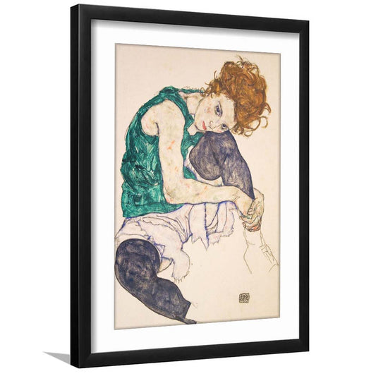 Seated Woman With Legs Drawn Up (1917) By Egon Schiele Print, Egon Schiele Exhibition Wall Art, Framed Art Print, White Border