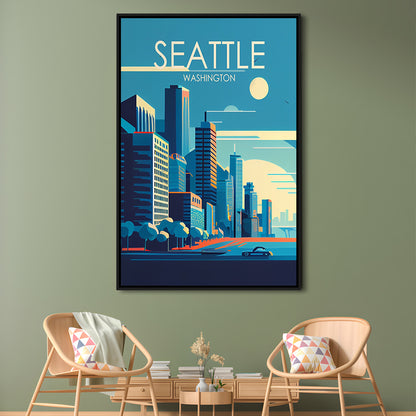 Seattle Washington Retro Art Print, Seattle City Wall Art, Floating Framed Canvas Print, Framed Picture, Painting Canvas