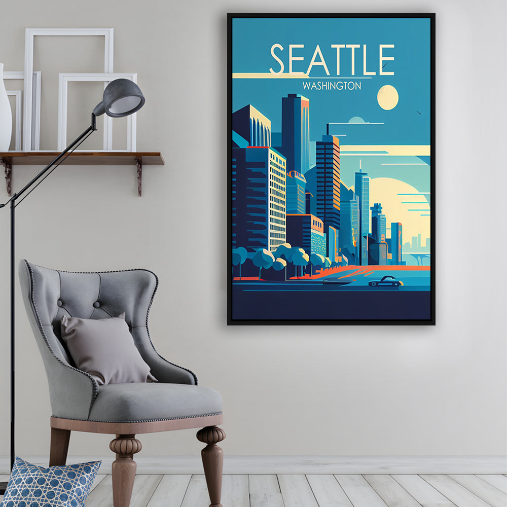 Seattle Washington Retro Art Print, Seattle City Wall Art, Floating Framed Canvas Print, Framed Picture, Painting Canvas