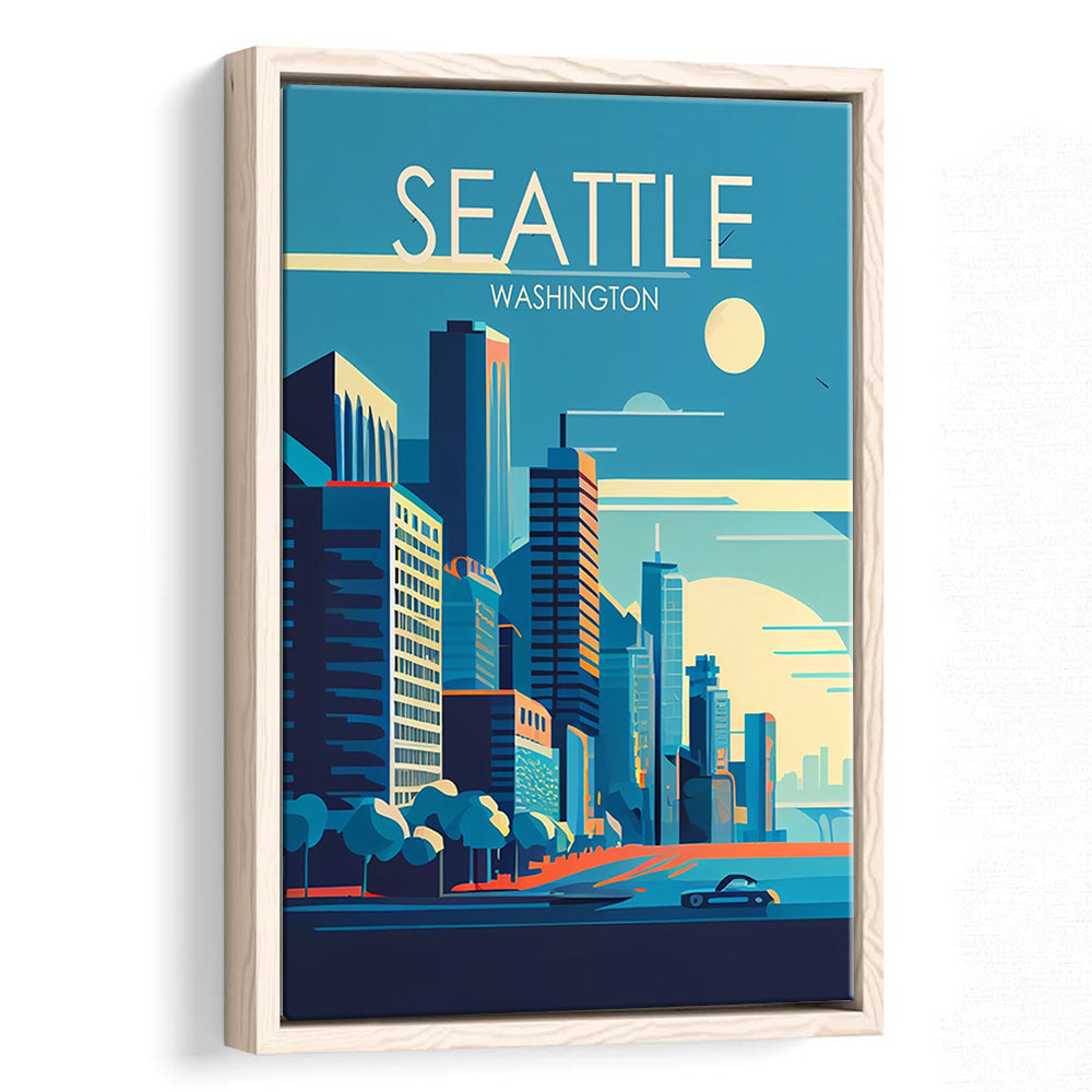 Seattle Washington Retro Art Print, Seattle City Wall Art, Floating Framed Canvas Print, Framed Picture, Painting Canvas