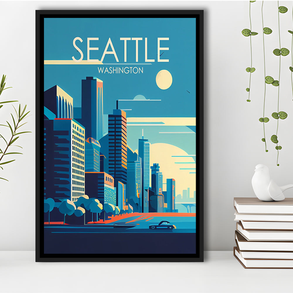 Seattle Washington Retro Art Print, Seattle City Wall Art, Floating Framed Canvas Print, Framed Picture, Painting Canvas