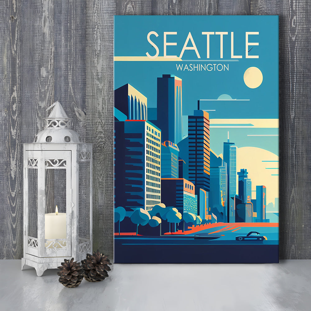 Seattle Washington Retro Art Print, Seattle City Wall Art, Canvas Print, Painting Canvas, Living Room Decor