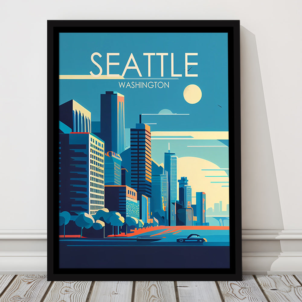 Seattle Washington Retro Art Print, Seattle City Wall Art, Floating Framed Canvas Print, Framed Picture, Painting Canvas