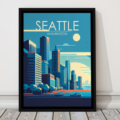Seattle Washington Retro Art Print, Seattle City Wall Art, Floating Framed Canvas Print, Framed Picture, Painting Canvas