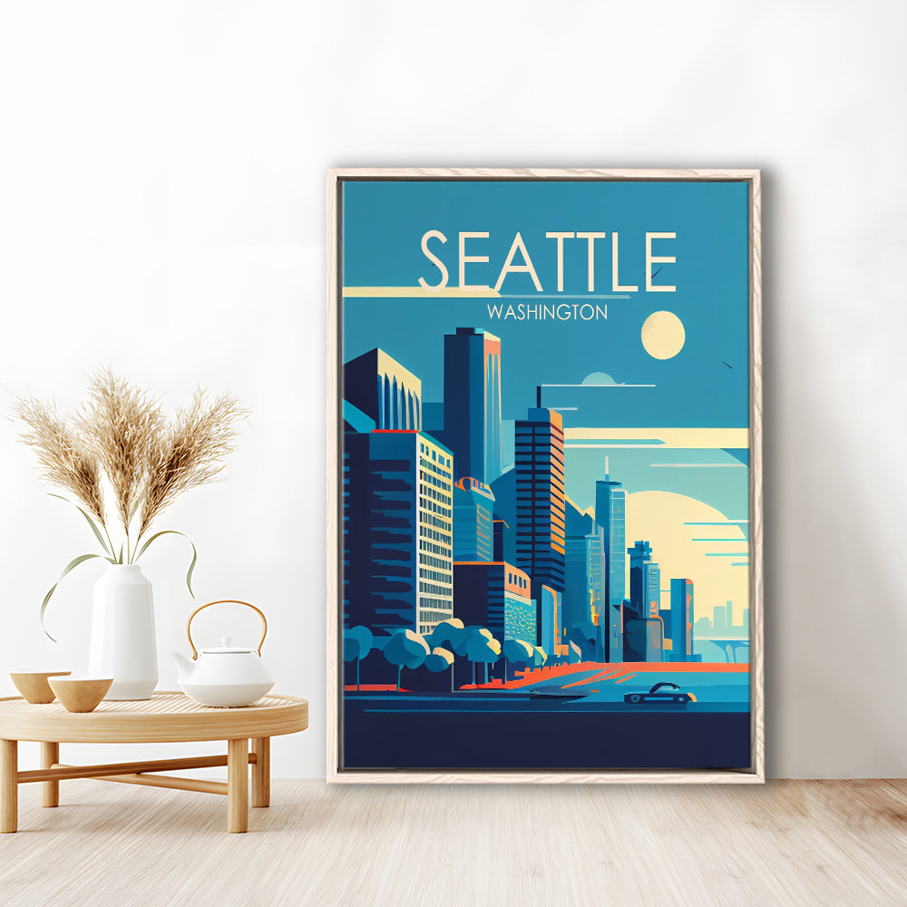 Seattle Washington Retro Art Print, Seattle City Wall Art, Floating Framed Canvas Print, Framed Picture, Painting Canvas