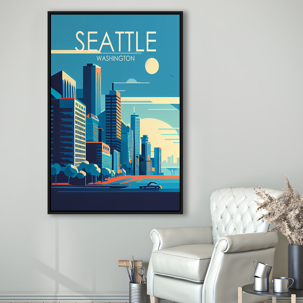 Seattle Washington Retro Art Print, Seattle City Wall Art, Floating Framed Canvas Print, Framed Picture, Painting Canvas