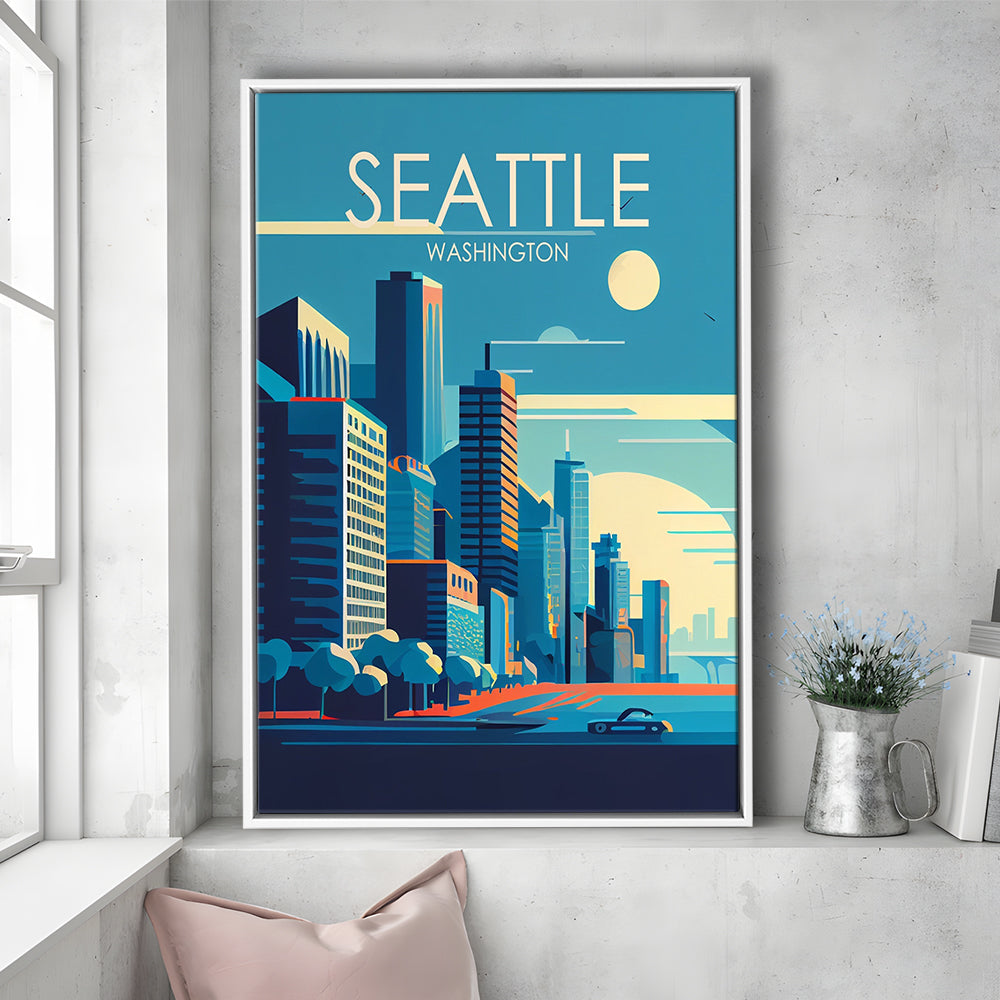 Seattle Washington Retro Art Print, Seattle City Wall Art, Floating Framed Canvas Print, Framed Picture, Painting Canvas