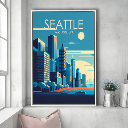 Seattle Washington Retro Art Print, Seattle City Wall Art, Floating Framed Canvas Print, Framed Picture, Painting Canvas