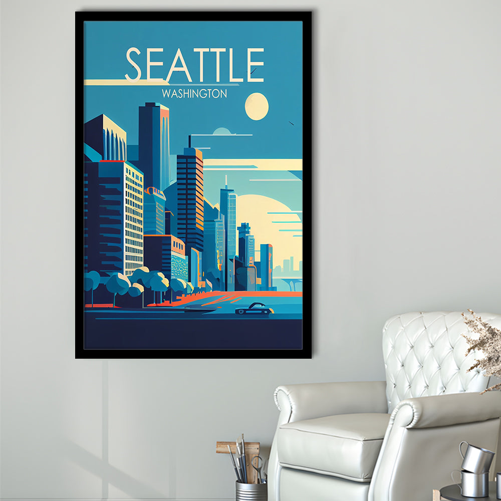 Seattle Washington Retro Art Print, Seattle City Wall Art, Framed Art Print, Picture Framed, Painting Art