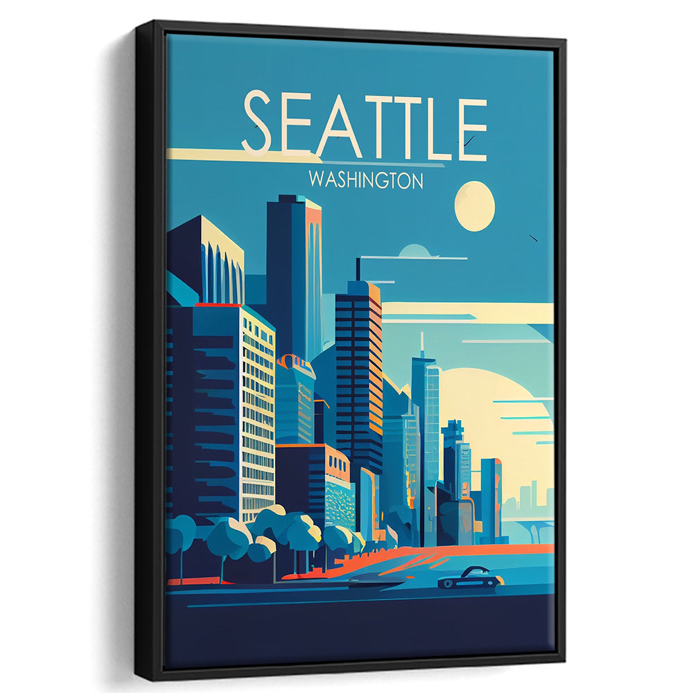 Seattle Washington Retro Art Print, Seattle City Wall Art, Floating Framed Canvas Print, Framed Picture, Painting Canvas