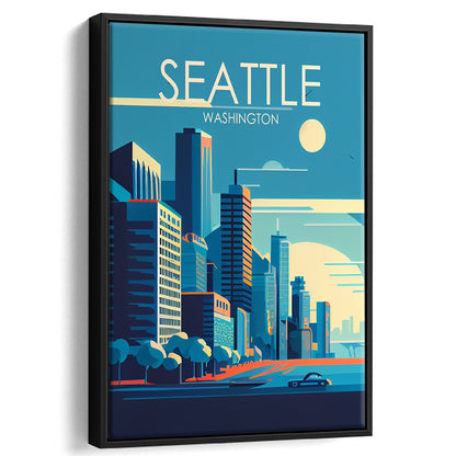 Seattle Washington Retro Art Print, Seattle City Wall Art, Floating Framed Canvas Print, Framed Picture, Painting Canvas