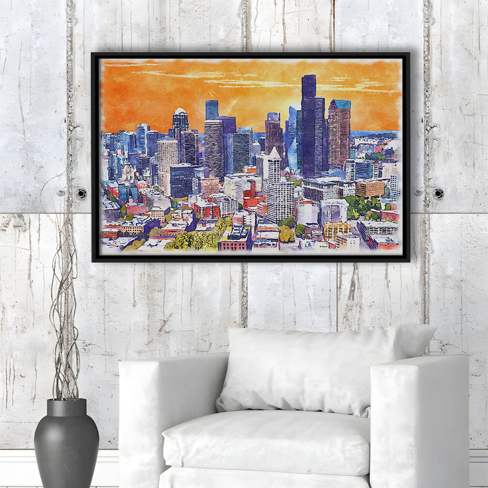 Seattle Watercolor Painting Canvas, Seattle Washington Painting, Sport Gift Art, Framed Canvas Print Wall Art