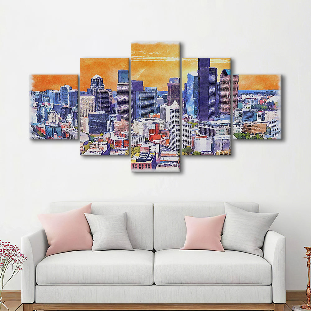 Seattle Watercolor Painting Canvas, Seattle Washington Painting, Sport Art, Mixed 5 Panel, Canvas Print Wall Art