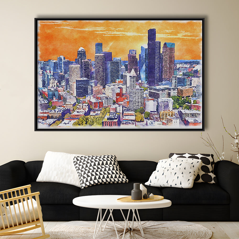Seattle Watercolor Painting Canvas, Seattle Washington Painting, Sport Gift Art, Framed Canvas Print Wall Art