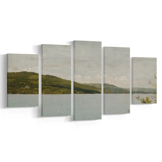 Serene Vintage Lake Oil Painting Download Neutral Mixed Canvas Print Wall Art, for Rustic Decor Above Bed Art