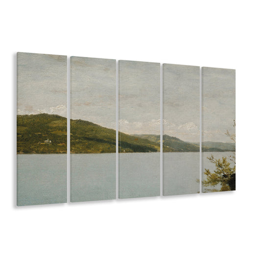 Serene Vintage Lake Oil Painting Download Neutral 5 Panels Canvas Print Wall Art, for Rustic Decor Above Bed Art