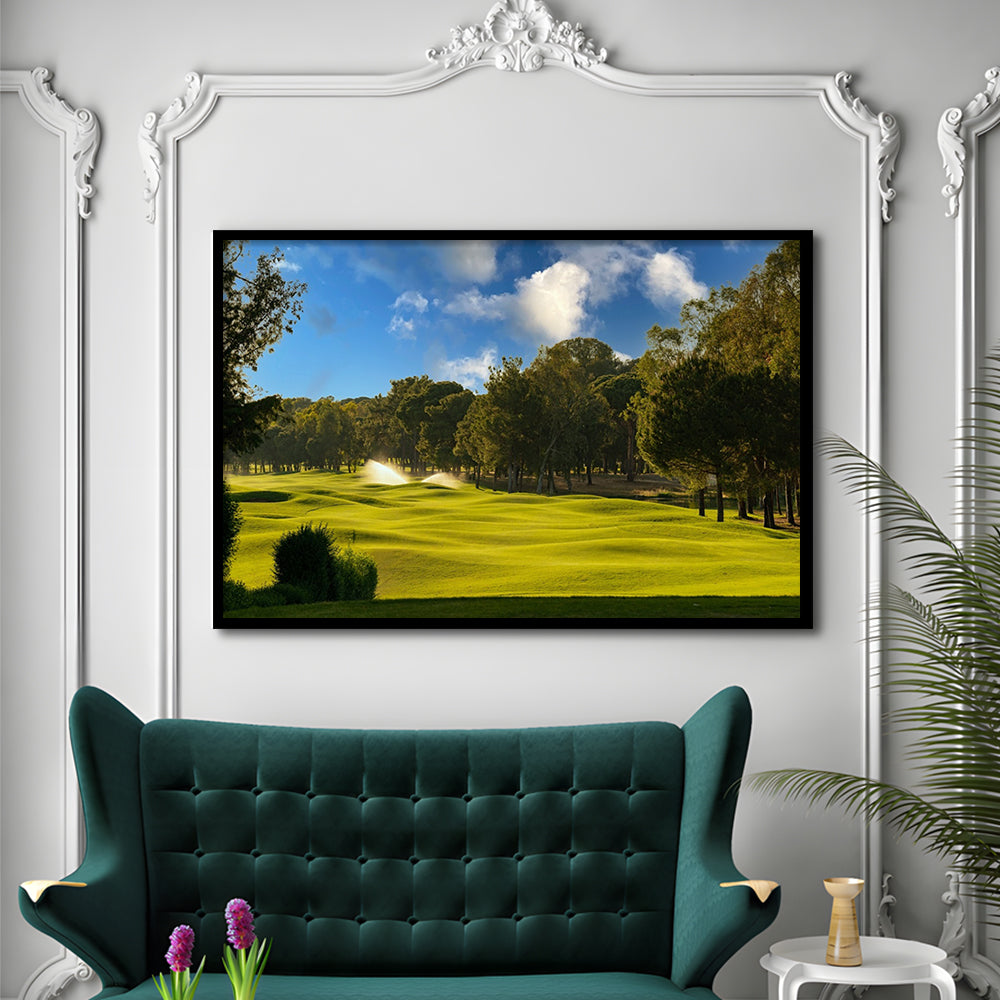 Serene Golf Course Under A Beautiful Sky, Framed Art Print Wall Decor, Picture Framed