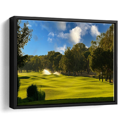 Serene Golf Course Under A Beautiful Sky, Floating Framed Canvas Print Wall Art