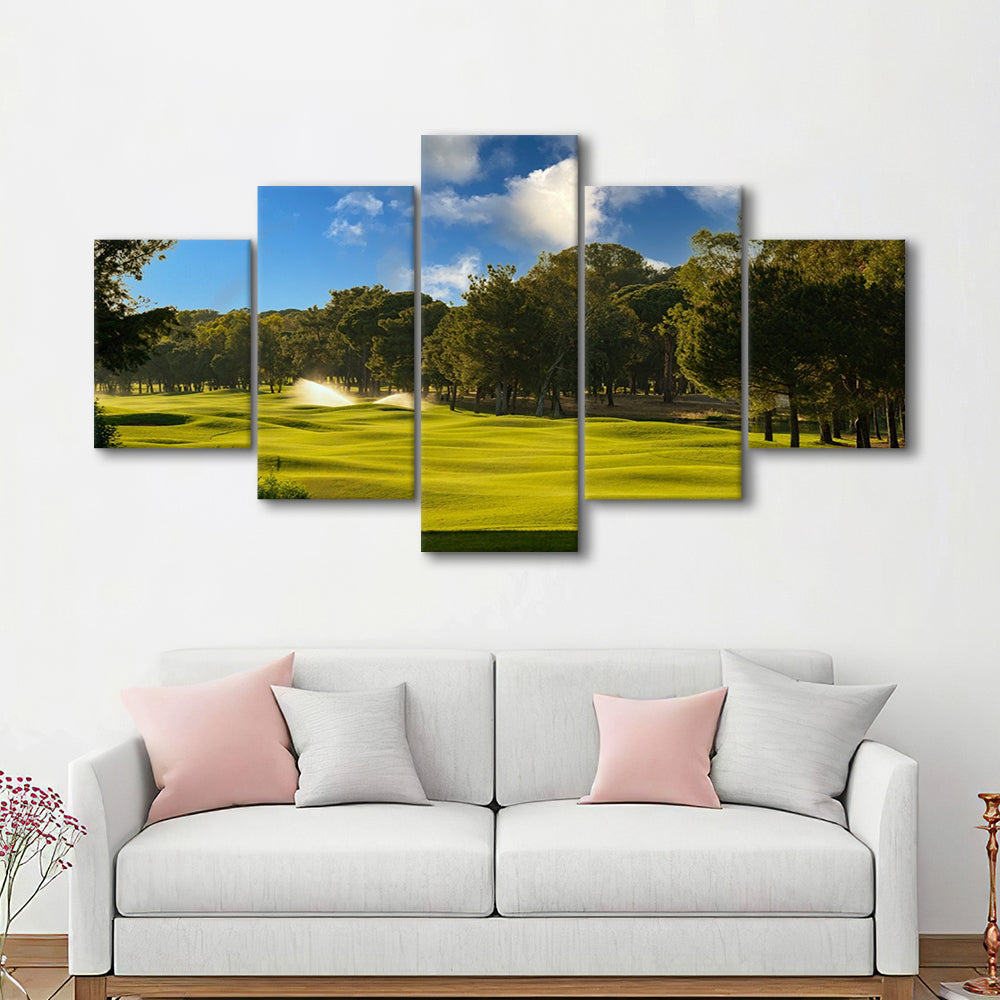 Serene Golf Course Under A Beautiful Sky, Golf Art Print, 5 Pieces Mixed Canvas Print Wall Art
