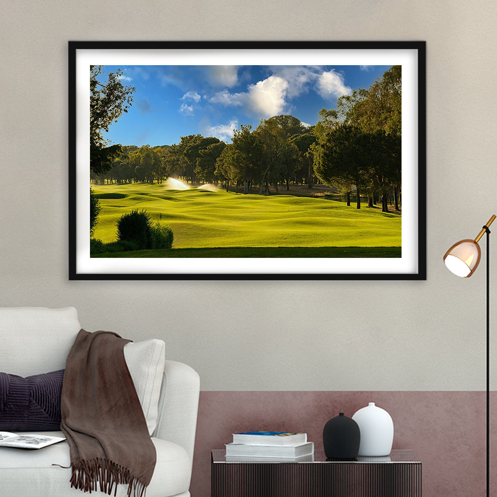 Serene Golf Course Under A Beautiful Sky, Goft Art Print, Framed Art Print White Border Wall Decor