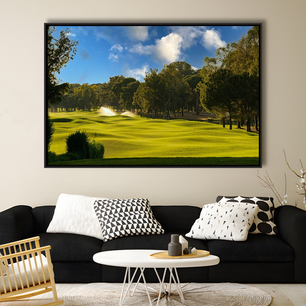 Serene Golf Course Under A Beautiful Sky, Floating Framed Canvas Print Wall Art
