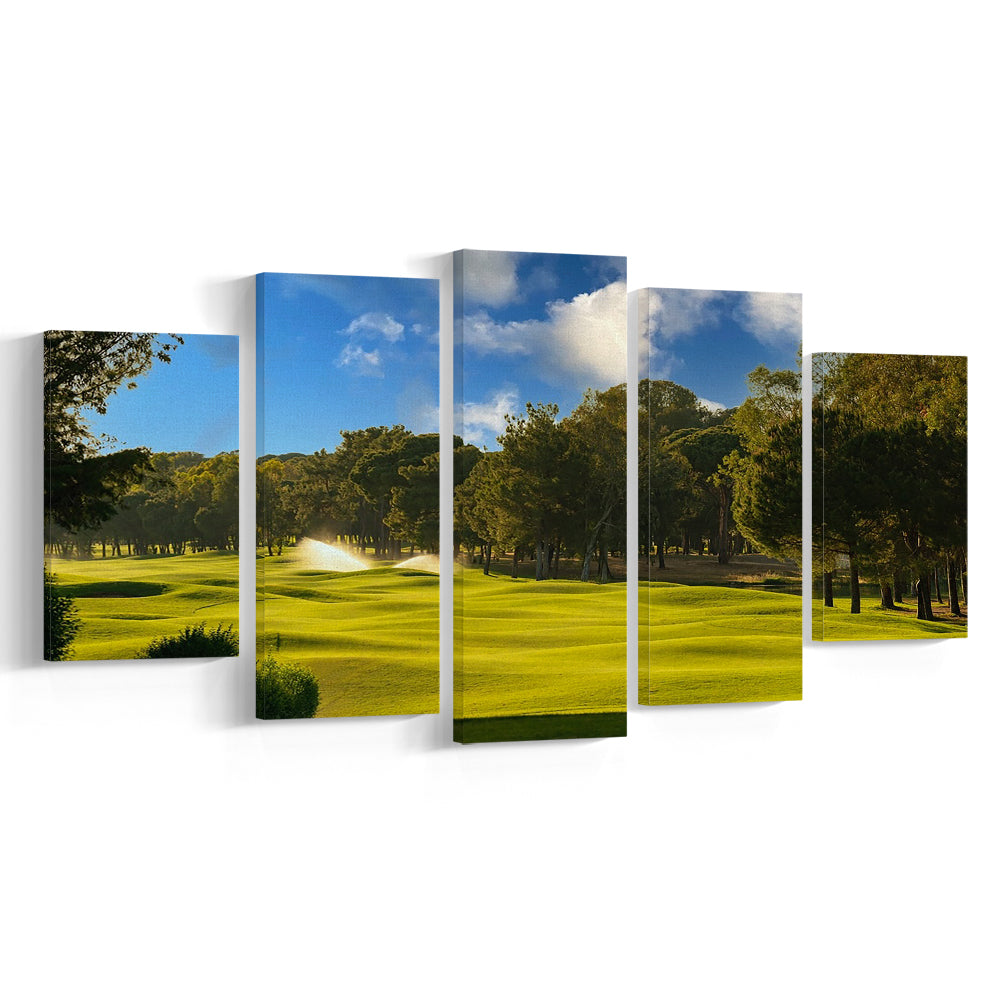 Serene Golf Course Under A Beautiful Sky, Golf Art Print, 5 Pieces Mixed Canvas Print Wall Art