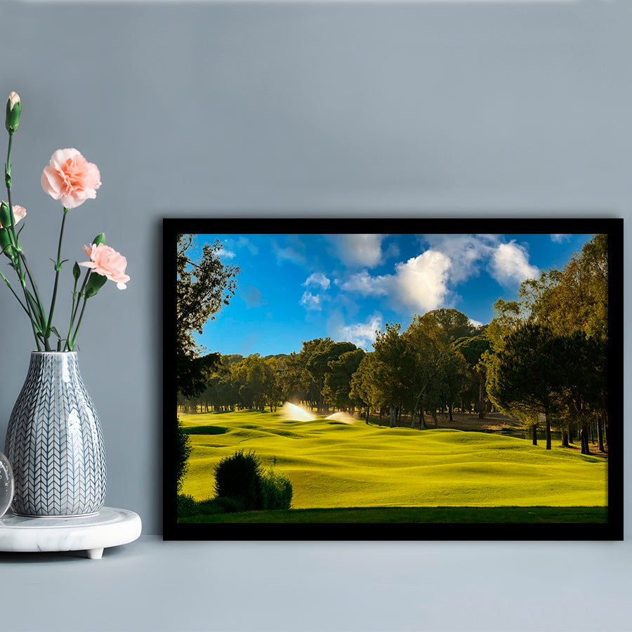 Serene Golf Course Under A Beautiful Sky, Framed Art Print Wall Decor, Picture Framed