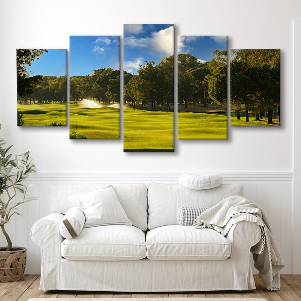 Serene Golf Course Under A Beautiful Sky, Golf Art Print, 5 Pieces Mixed Canvas Print Wall Art