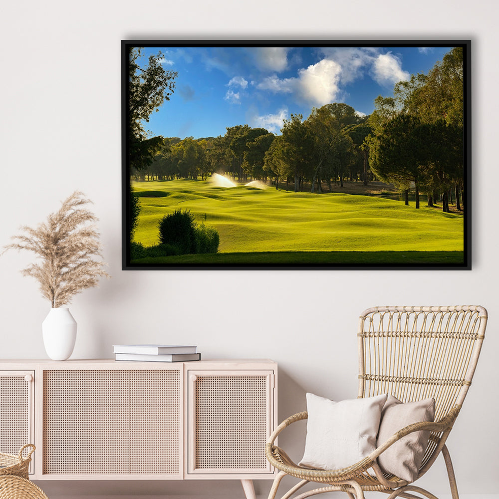 Serene Golf Course Under A Beautiful Sky, Floating Framed Canvas Print Wall Art